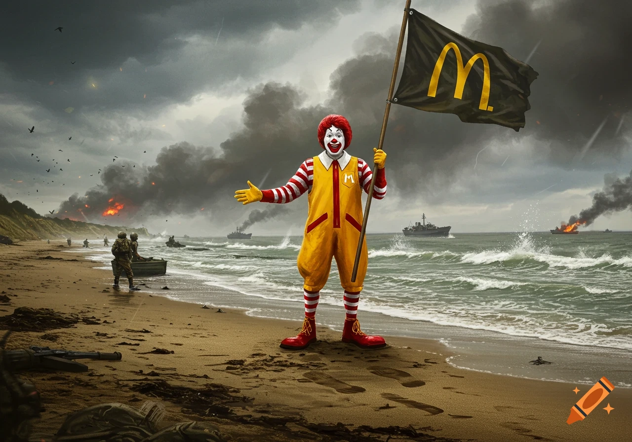 Ronald McDonald stands on a war-torn beach, holding a McDonald's flag, with soldiers, ships, and explosions in the background.