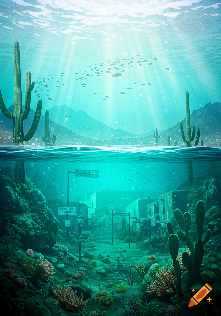 A surreal scene split between desert cacti and mountains above water, and a submerged city street with fish and coral below.