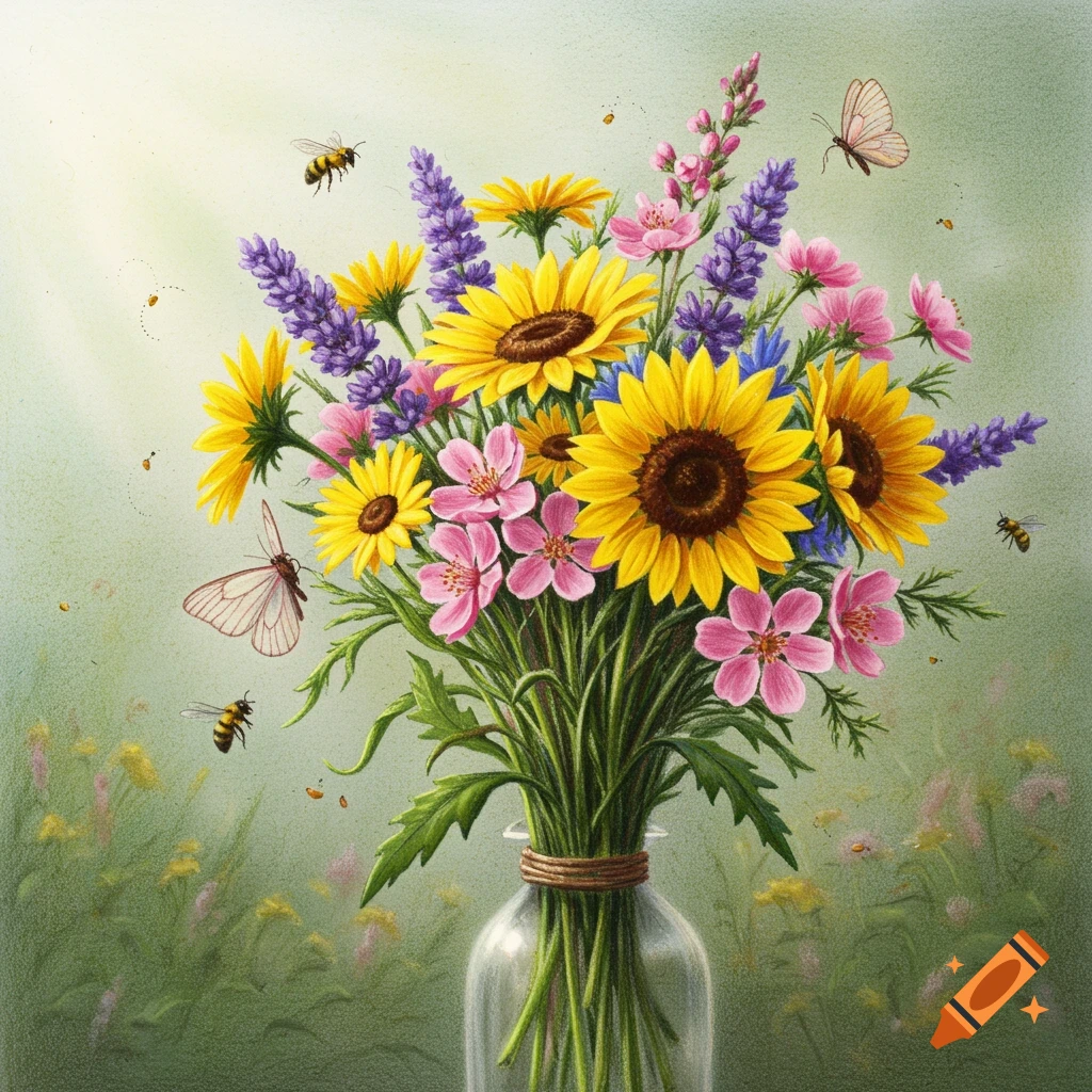 A vibrant color pencil drawing of a bouquet of sunflowers, pink and purple flowers in a vase, with bees and butterflies flying around.