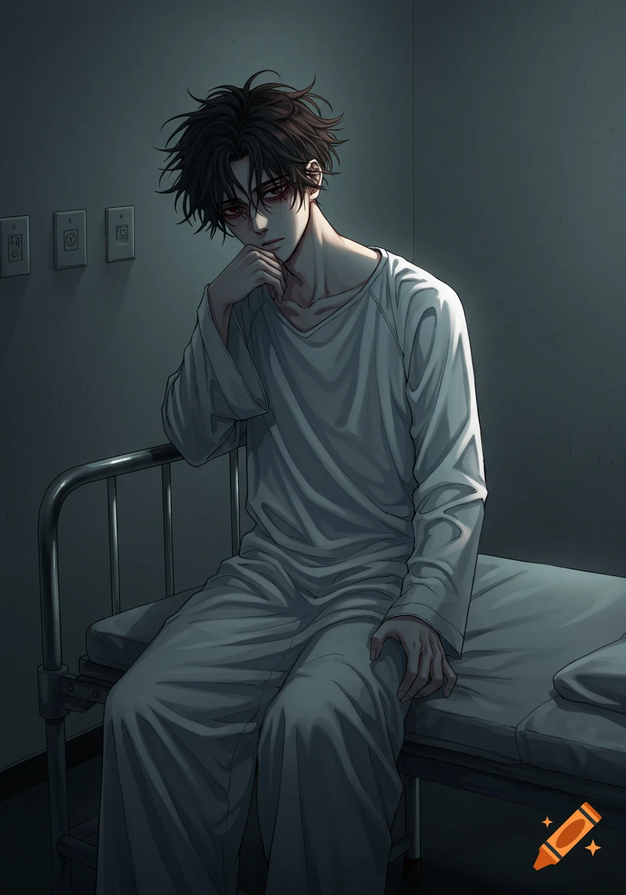 A young man with messy dark hair and red eyes sits on a hospital bed in a dimly lit psych ward room, anime style.