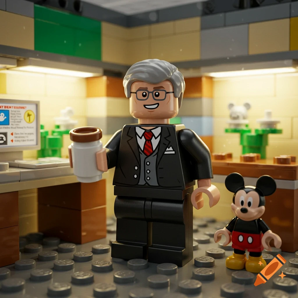 A LEGO minifigure of a man in a suit holds a coffee cup in an office, next to a small Mickey Mouse figure.
