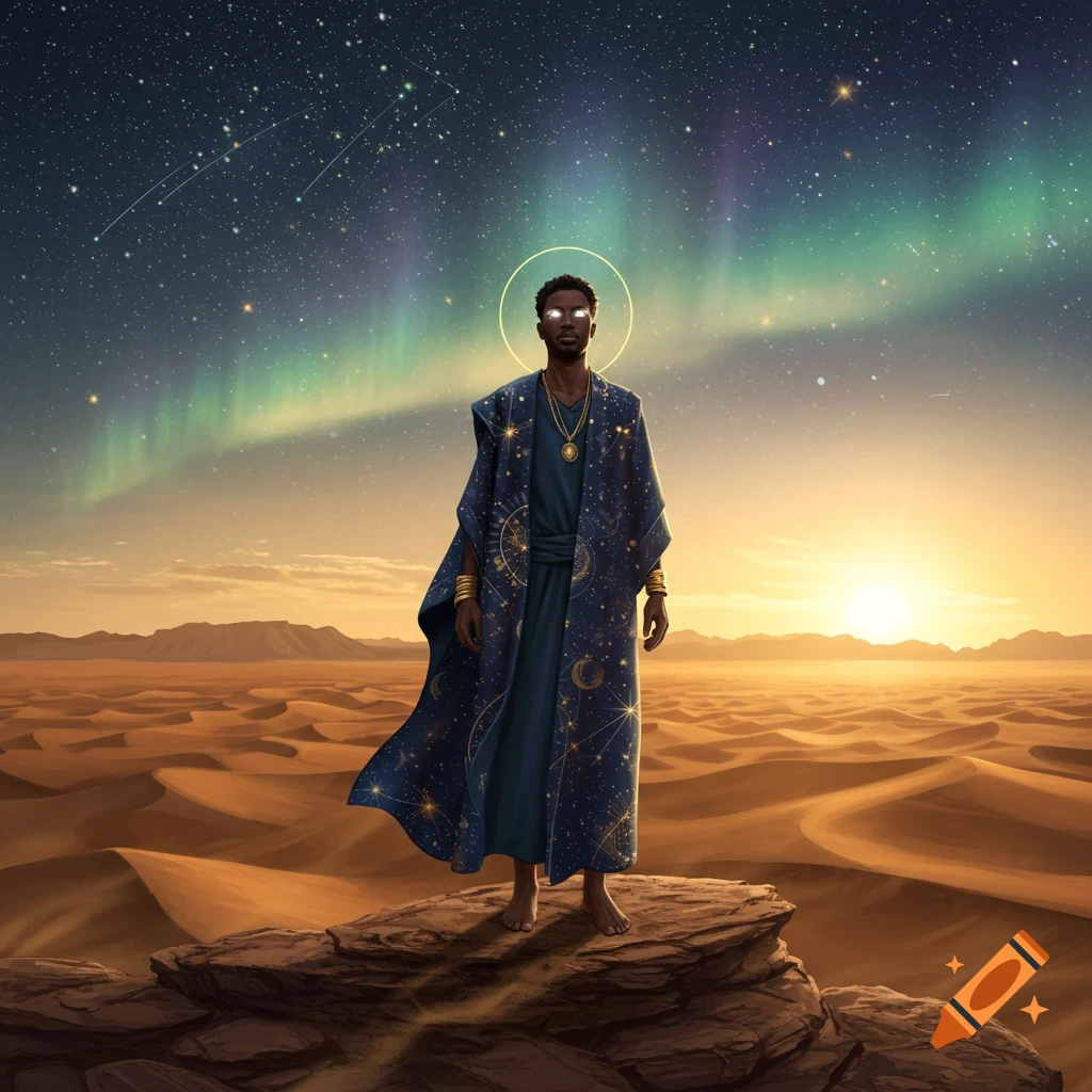 A black man with glowing eyes and a halo stands on rocks in a vast desert, wearing a celestial robe. A starry sky with aurora and sunrise stretches above.