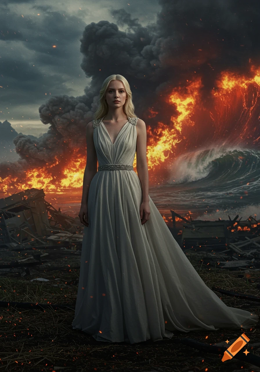 Blonde woman in white gown stands in a post-apocalyptic scene with fire, smoke, and a tsunami wave behind her, ultra-realistic.