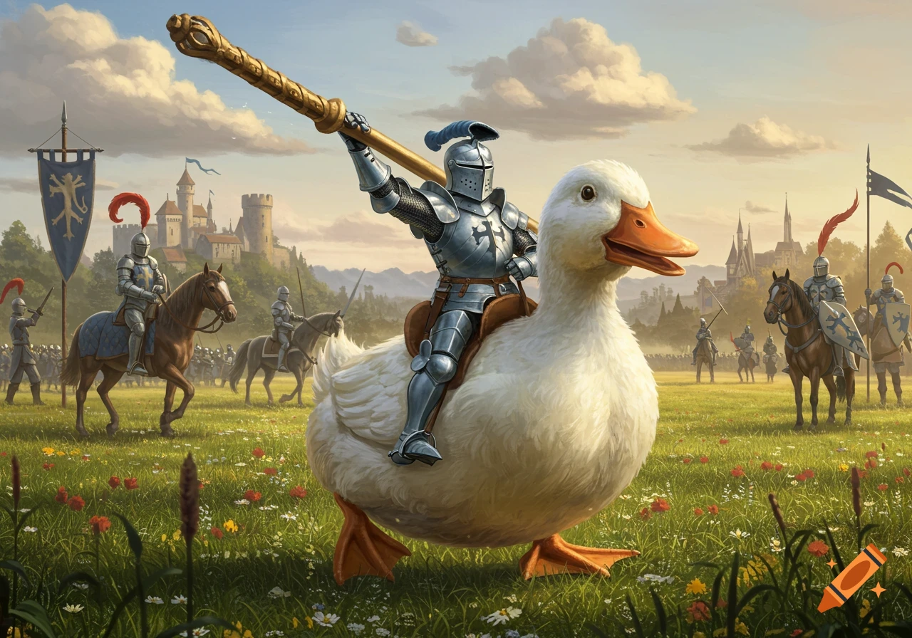 A knight in shining armor rides a giant white duck as his steed, holding a golden lance high. Behind them, other knights on horseback are in a grassy field with a medieval castle in the background.