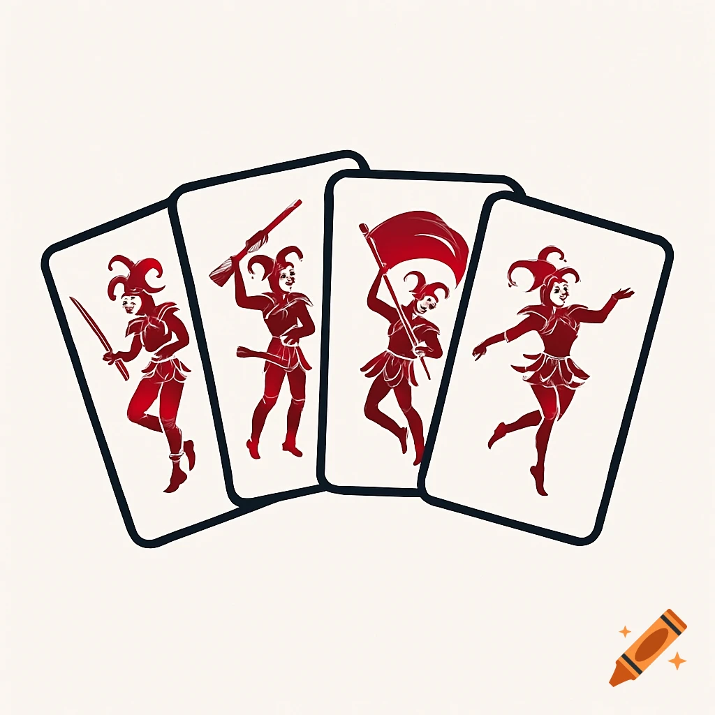 Four white playing cards fanned out, each featuring a red jester figure. The jesters hold a sabre, a rifle, a flag, and one is dancing.