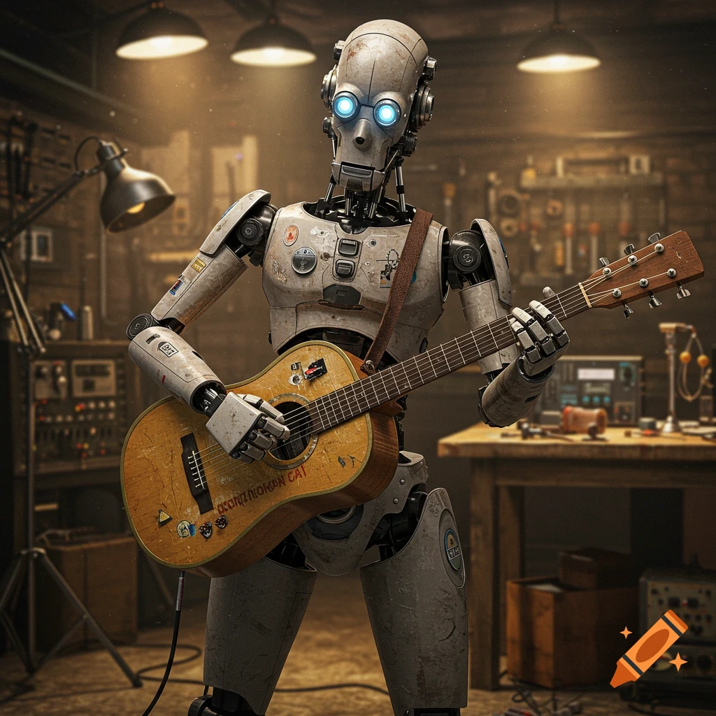 A realistic robot with glowing blue eyes plays an acoustic guitar in a workshop.