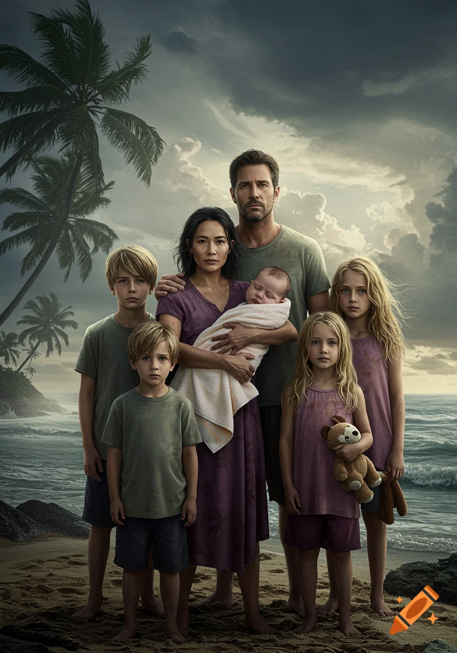 Photorealistic image of a family with five children and a baby standing on a desolate beach under a stormy sky.