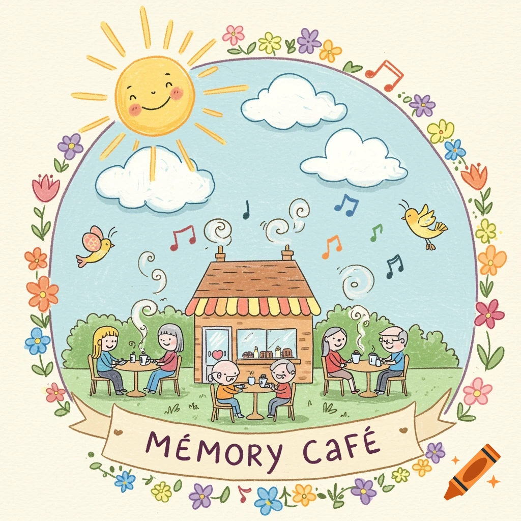 A charming, child-like illustration of a "Memory Café" badge. It shows a cafe building, happy people, a smiling sun, clouds, birds, and musical notes, all encircled by colorful flowers.