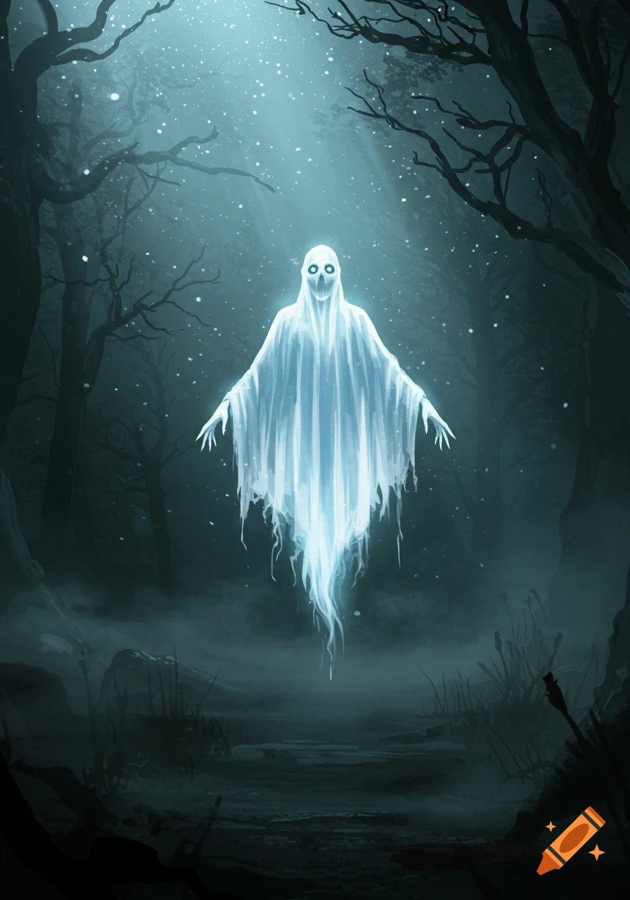 A glowing white ghost with dark eyes floats in a dark, misty forest with bare trees.
