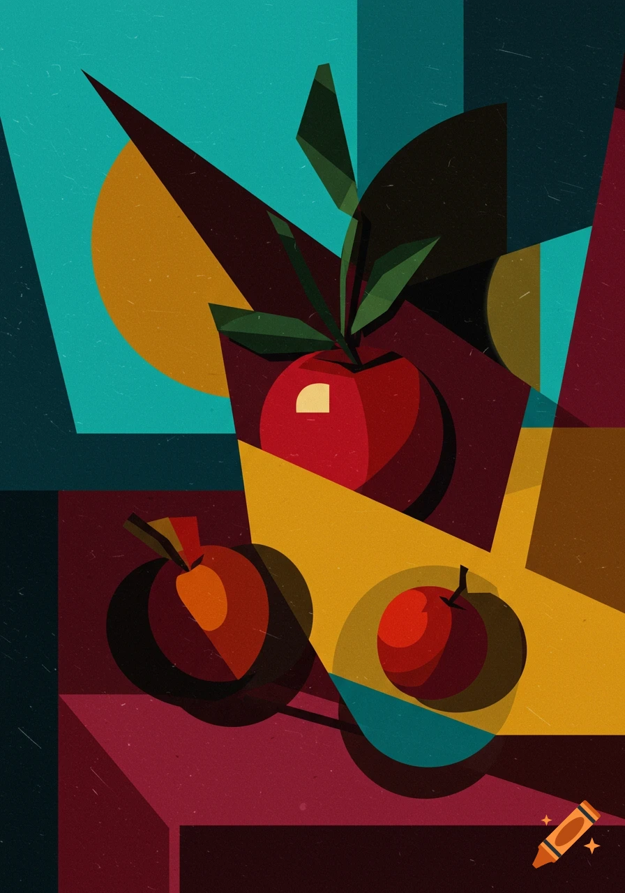 Cubist abstract art featuring red and orange apples against geometric shapes in teal, gold, and maroon.