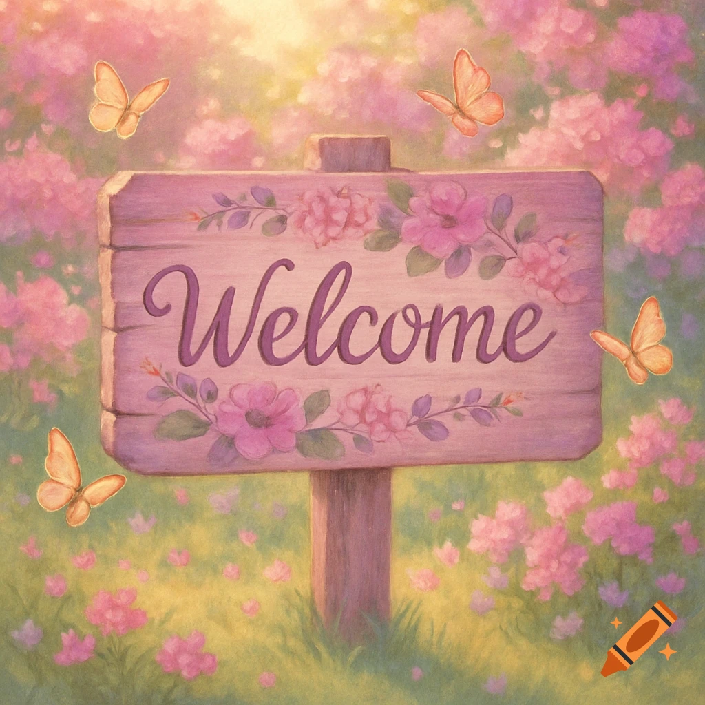 A rustic welcome sign adorned with pink and purple flowers and butterflies in a vibrant floral field, rendered in a soft, illustrative style.