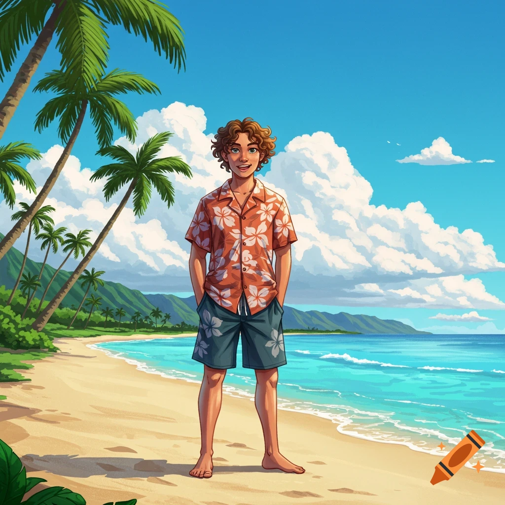 An illustration of a young person with curly brown hair wearing a Hawaiian shirt and shorts, standing barefoot on a sunny sandy beach with palm trees and ocean in the background.