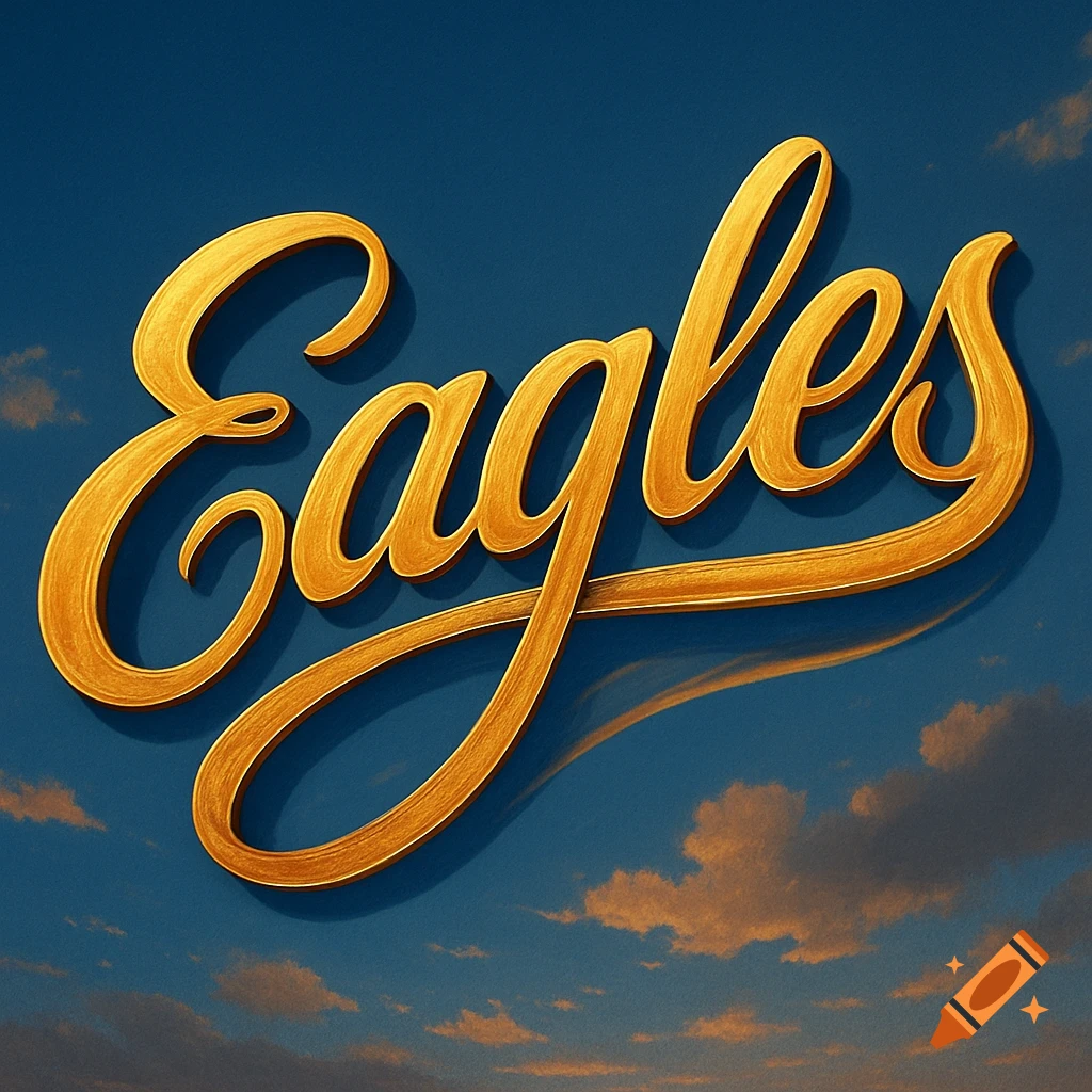 The word 'Eagles' in shiny golden 3D cursive script against a blue sky with clouds.