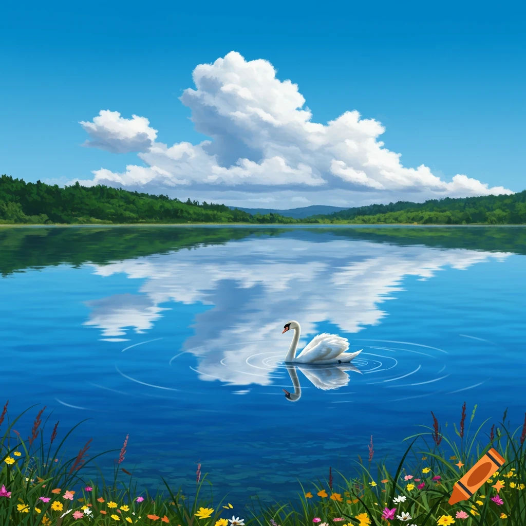 A beautiful swan glides across a calm, blue lake, reflecting a cloudy sky and green forest. Wildflowers bloom in the foreground.