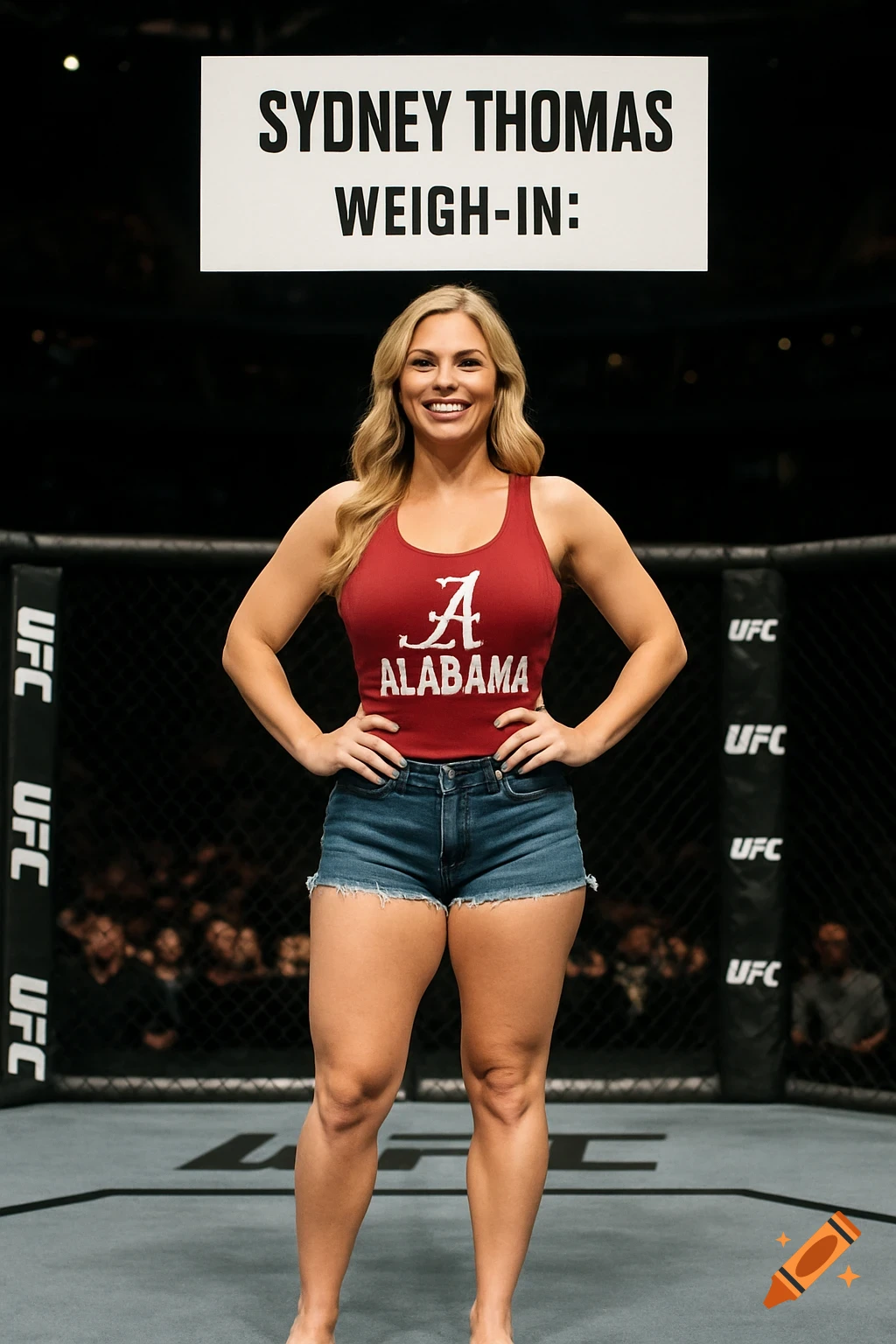 A smiling blonde woman in a red Alabama tank top and denim shorts stands confidently in a UFC cage during a weigh-in.