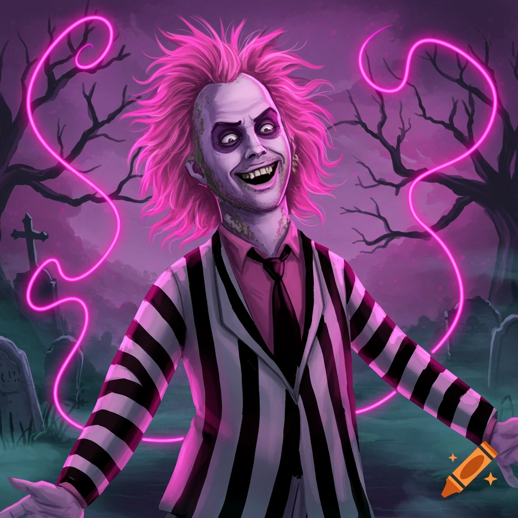 Stylized illustration of Beetlejuice with pink spiky hair and striped suit, grinning in a misty purple graveyard with glowing neon lines.