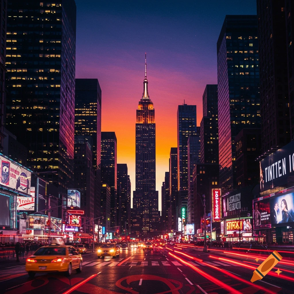 A vibrant New York City street scene at dusk, with the Empire State Building lit up against an orange and purple sky, and red light trails from moving cars on the street.