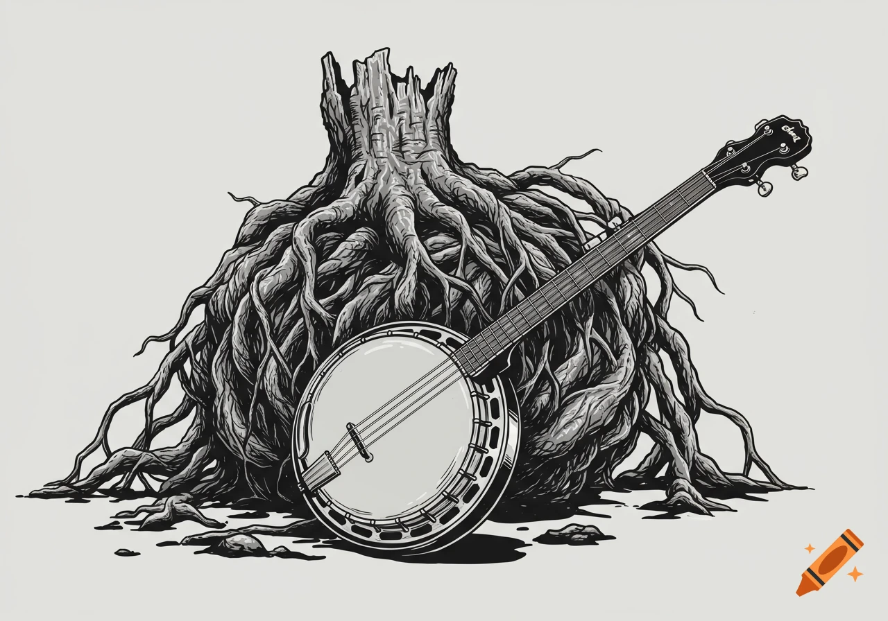 Black and white vector illustration of a banjo leaning against a large tree root ball.