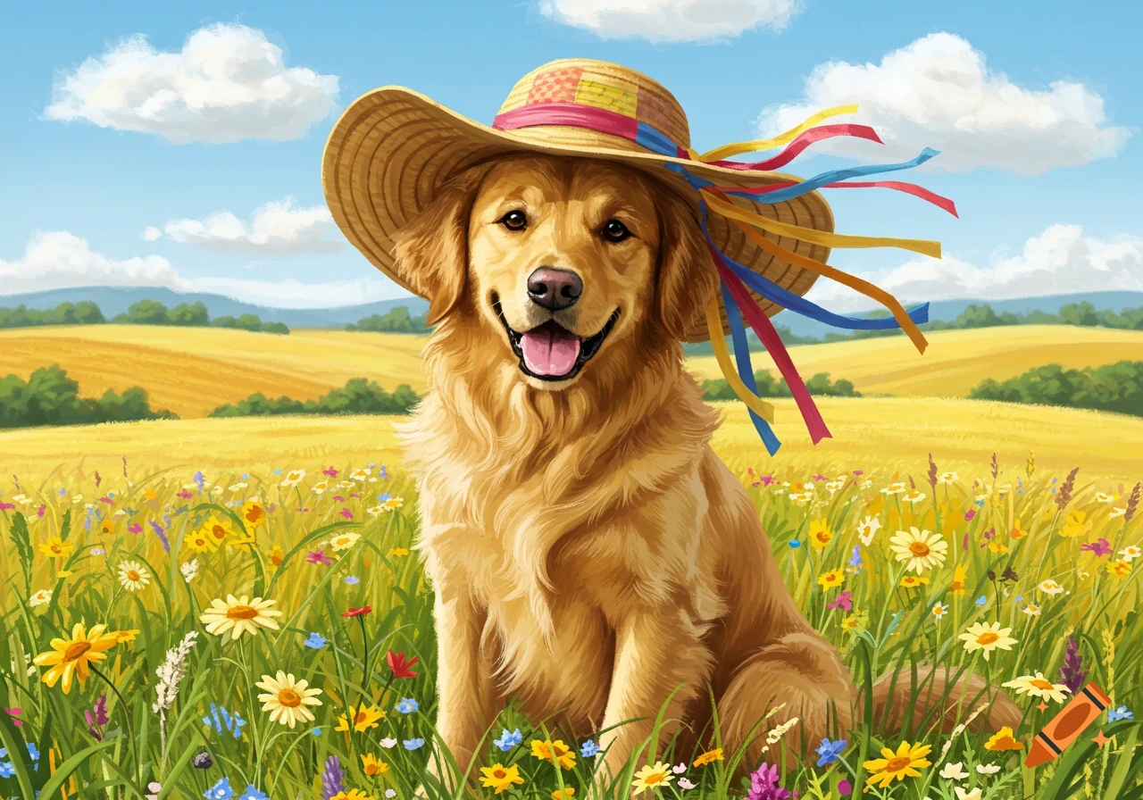A happy golden retriever wearing a straw hat with colorful ribbons sits in a sunny field of wildflowers.