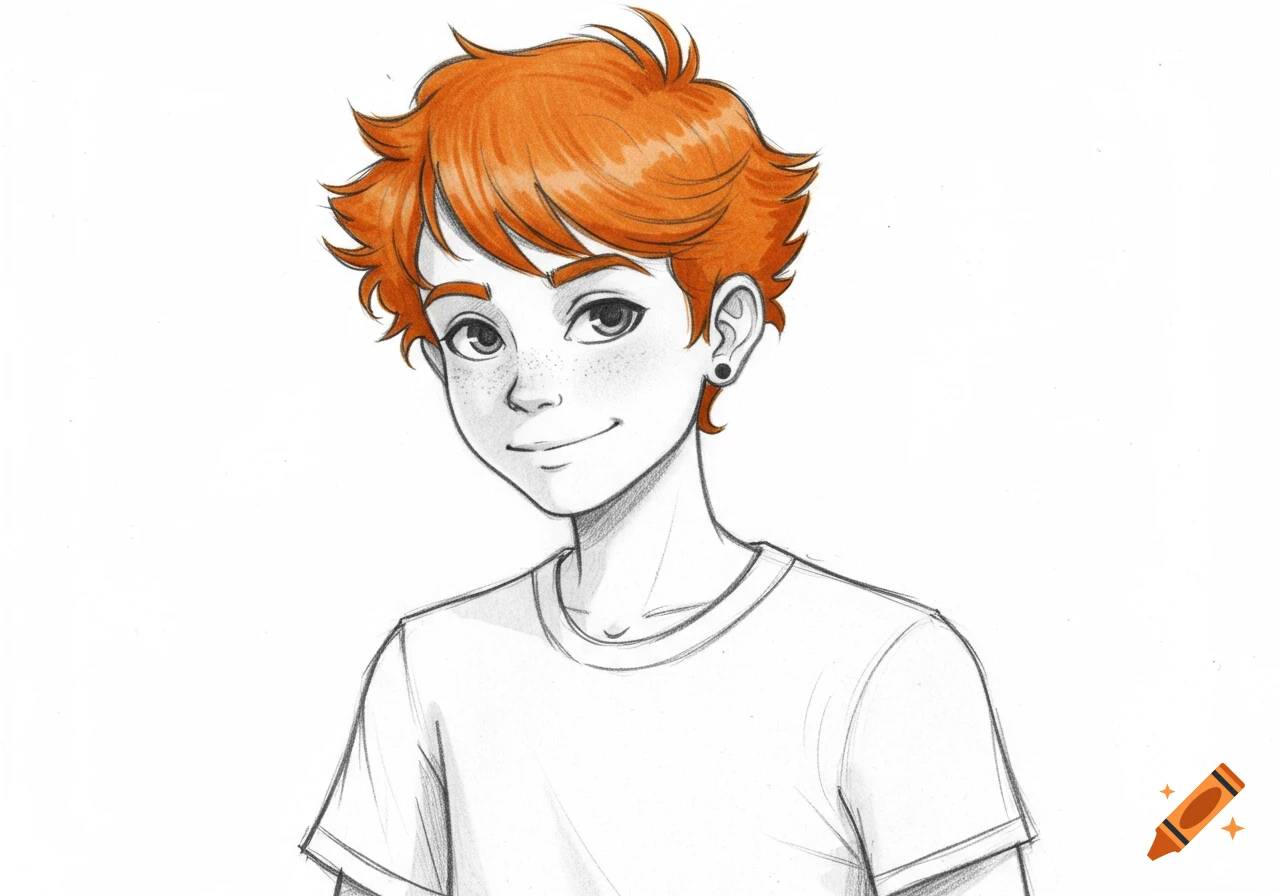 Pencil sketch portrait of a young boy with short, messy orange hair and freckles, wearing a plain t-shirt.