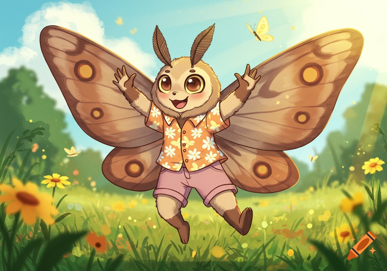 A cute anthropomorphic cartoon moth in a floral shirt and shorts, arms raised, joyfully stands in a sunny field of green grass and yellow flowers.