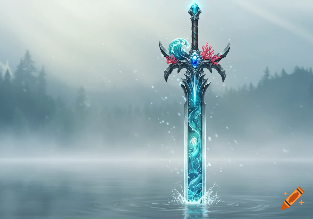 A glowing blue fantasy sword with water and coral elements stands in calm water with a misty forest background.