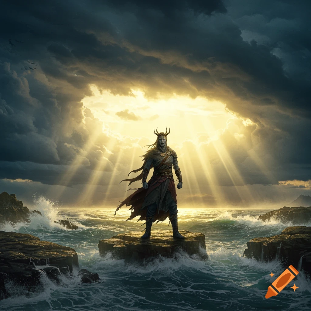 A strong figure with horns and flowing robes stands on a rock in a stormy sea with sun rays breaking through dark clouds.