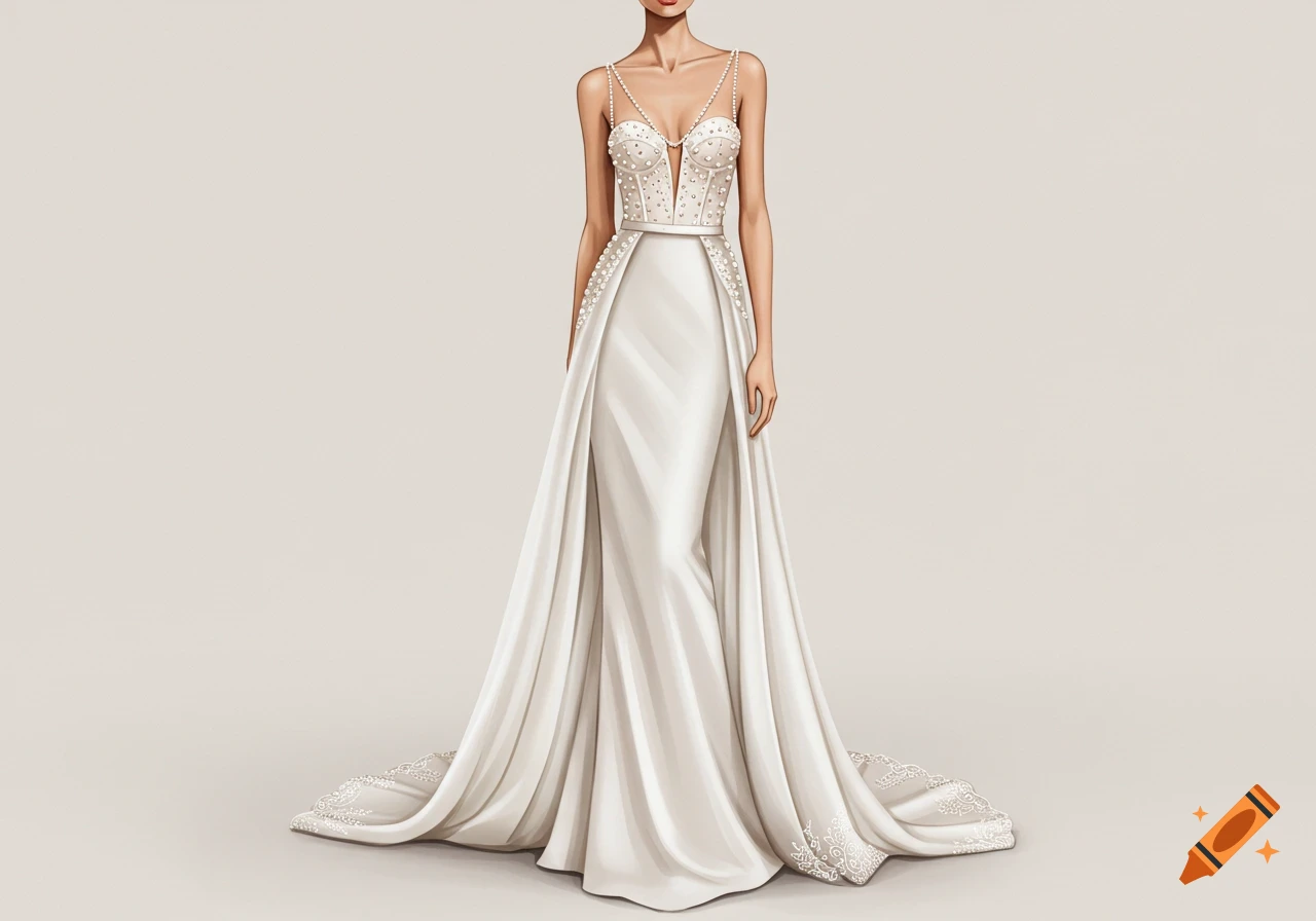 A detailed fashion illustration of a white wedding dress with a pearl-embellished corset top, a fitted silk skirt, and a long train with lace trim.