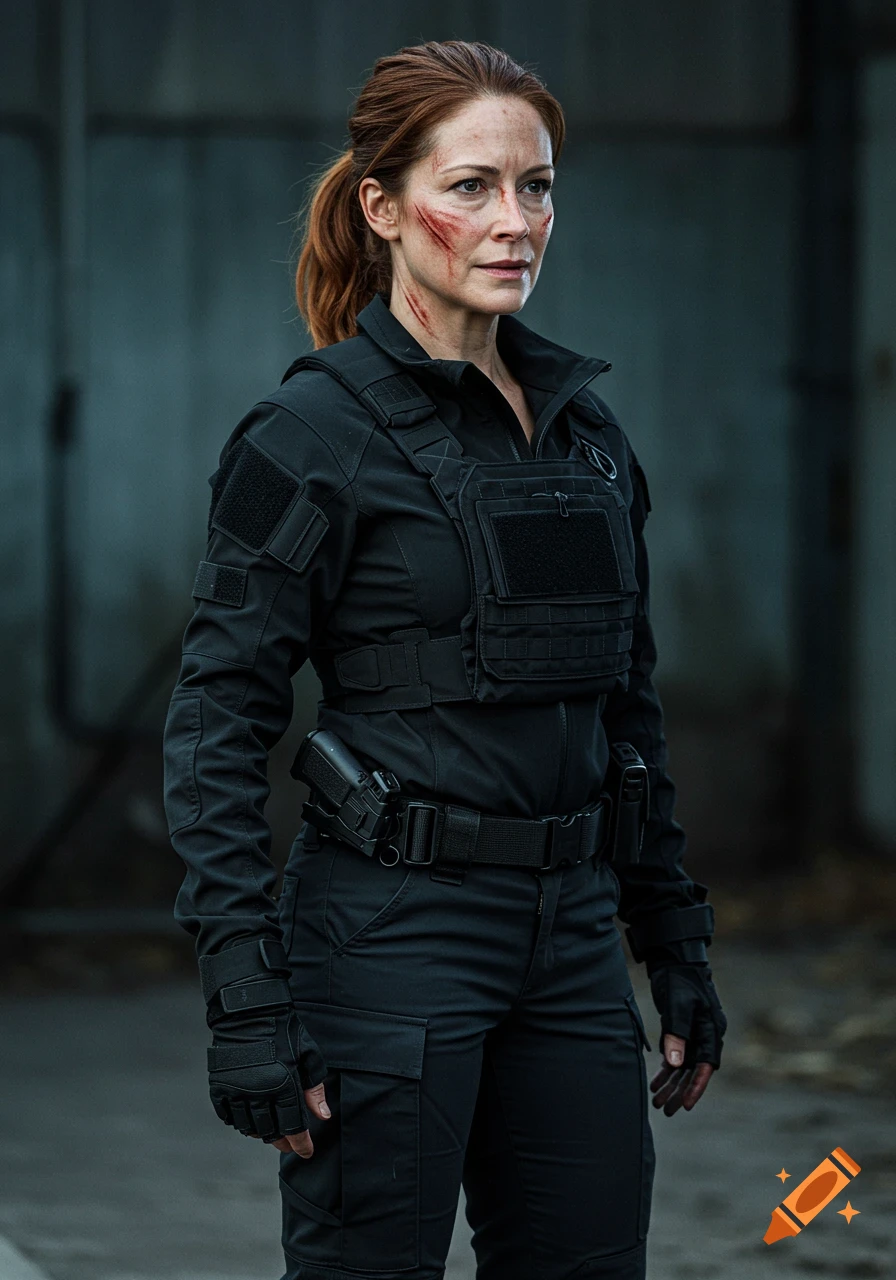 Photorealistic full-body portrait of a woman in black tactical gear with facial scars, holding a serious expression.