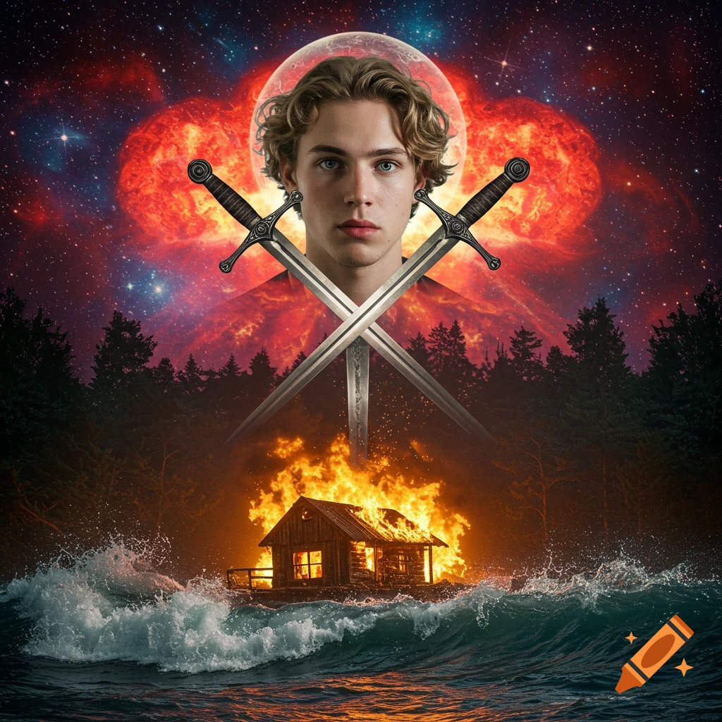 A man's head with crossed swords over a burning cabin on turbulent waves, with a forest and red space nebula in the background.