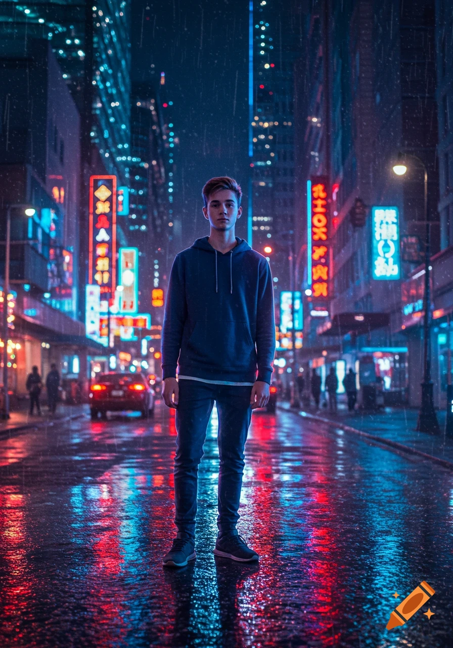 A young man stands in the middle of a rain-soaked city street at night, illuminated by the vibrant red and blue neon lights of surrounding buildings and their reflections on the wet ground. The scene has a futuristic or cyberpunk aesthetic.