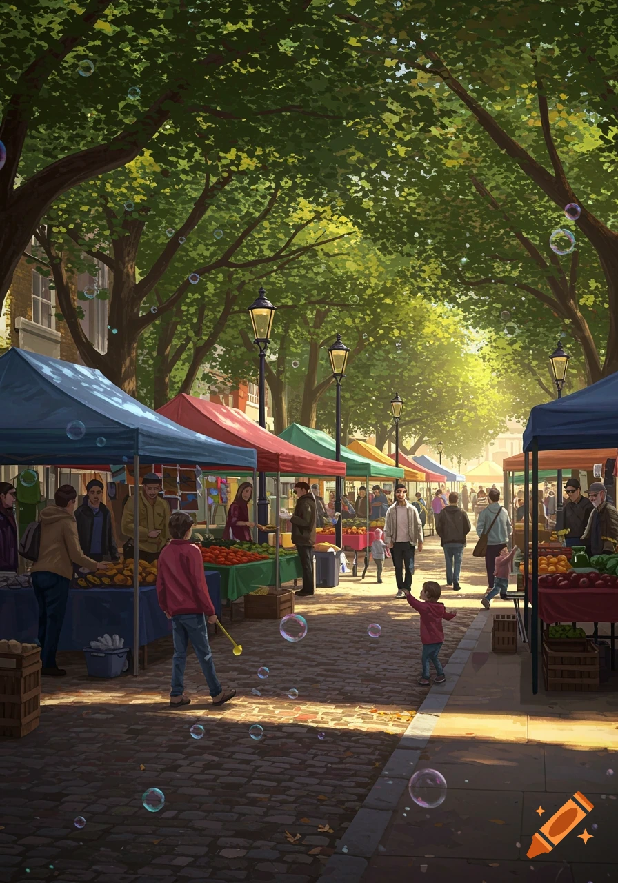 A vibrant market scene with colorful stalls and people under green trees on a sunny day, with bubbles floating.