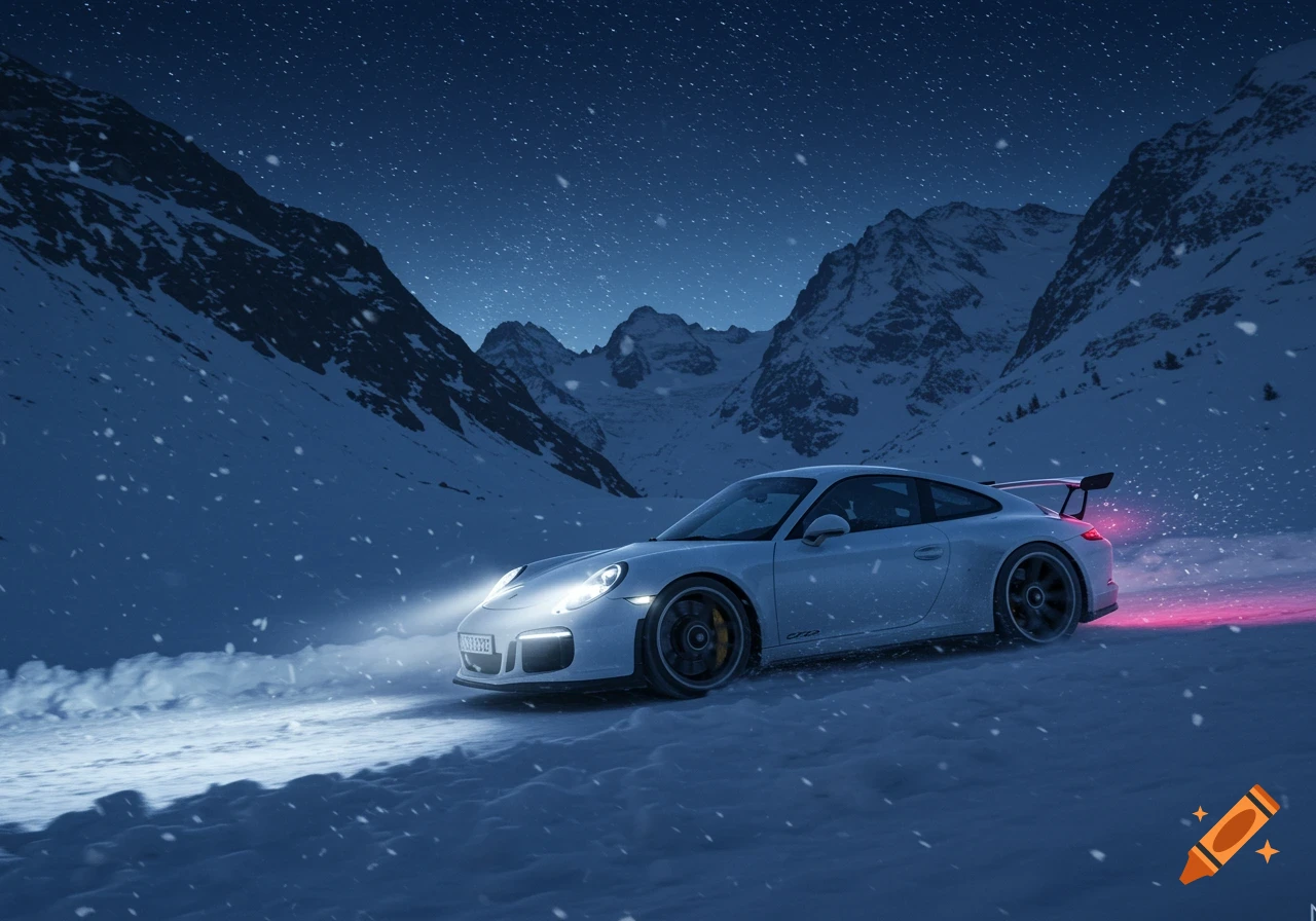 A white Porsche 911 GT3 RS drives through a snowy mountain pass at night, illuminated by its headlights.