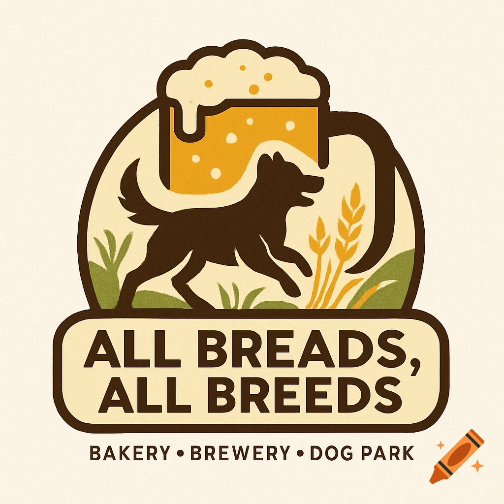 A retro-style logo featuring a silhouetted dog, a beer mug, and wheat stalks, with text "All Breads, All Breeds Bakery Brewery Dog Park."