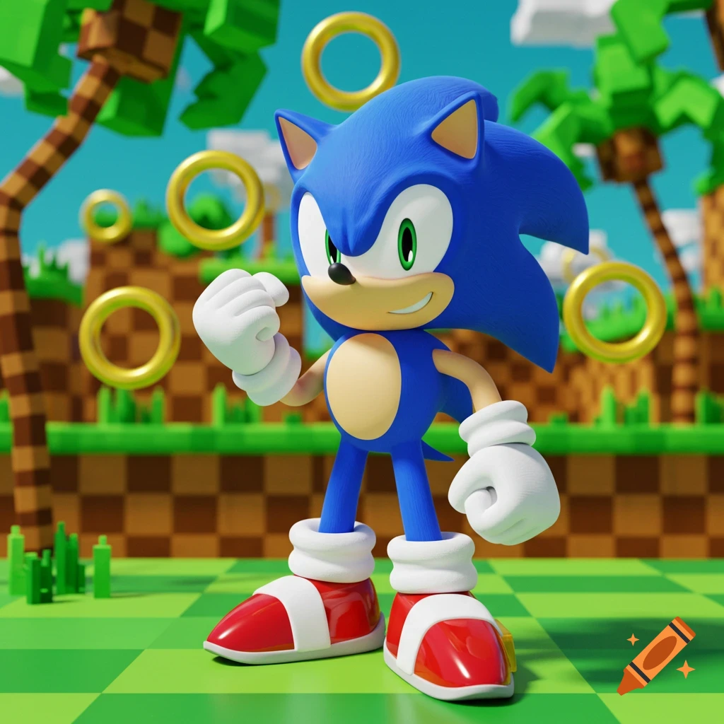 A 3D render of Sonic the Hedgehog standing on a green checkered ground with gold rings and blocky trees in the background.