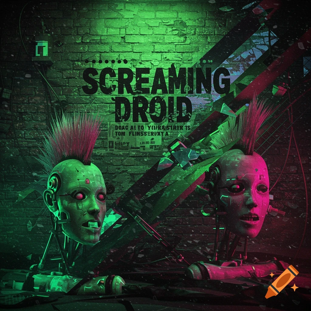 Two cyborg heads with pink mohawks in a dark, neon green and pink lit room with a brick wall background, industrial debris, and the text "SCREAMING DROID."