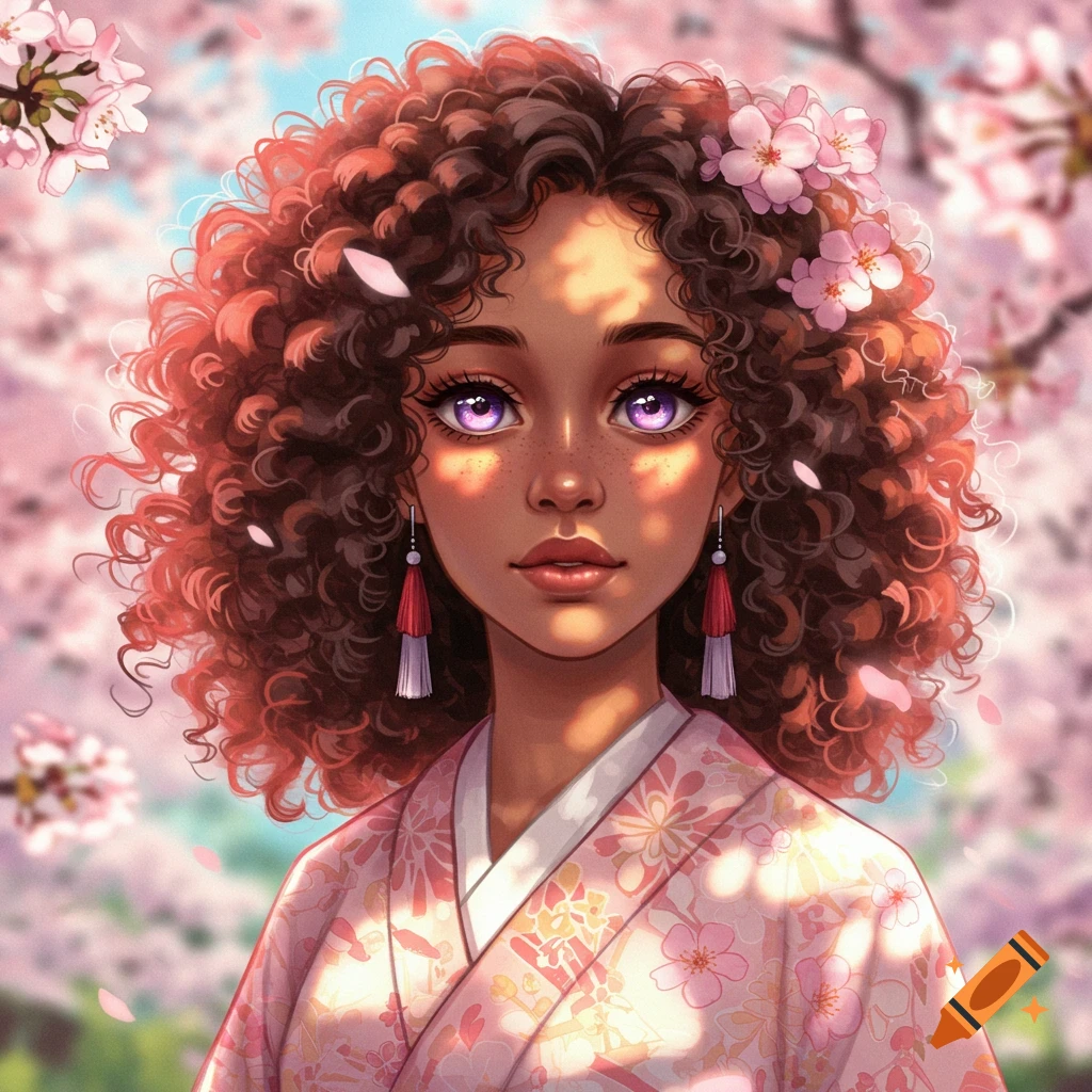 Anime portrait of a girl with curly brown hair and purple eyes wearing a kimono, surrounded by pink cherry blossoms.