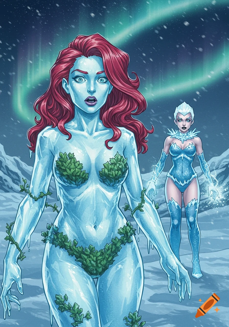 Comic art of a surprised Poison Ivy encased in ice, with leaves covering her, as Killer Frost stands behind her in a snowy landscape with aurora borealis.