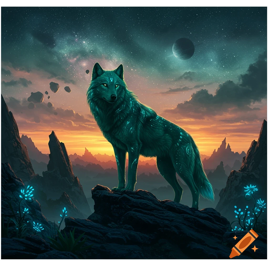 A radiant teal wolf stands on a rocky outcrop in an alien landscape under a celestial sunset sky.