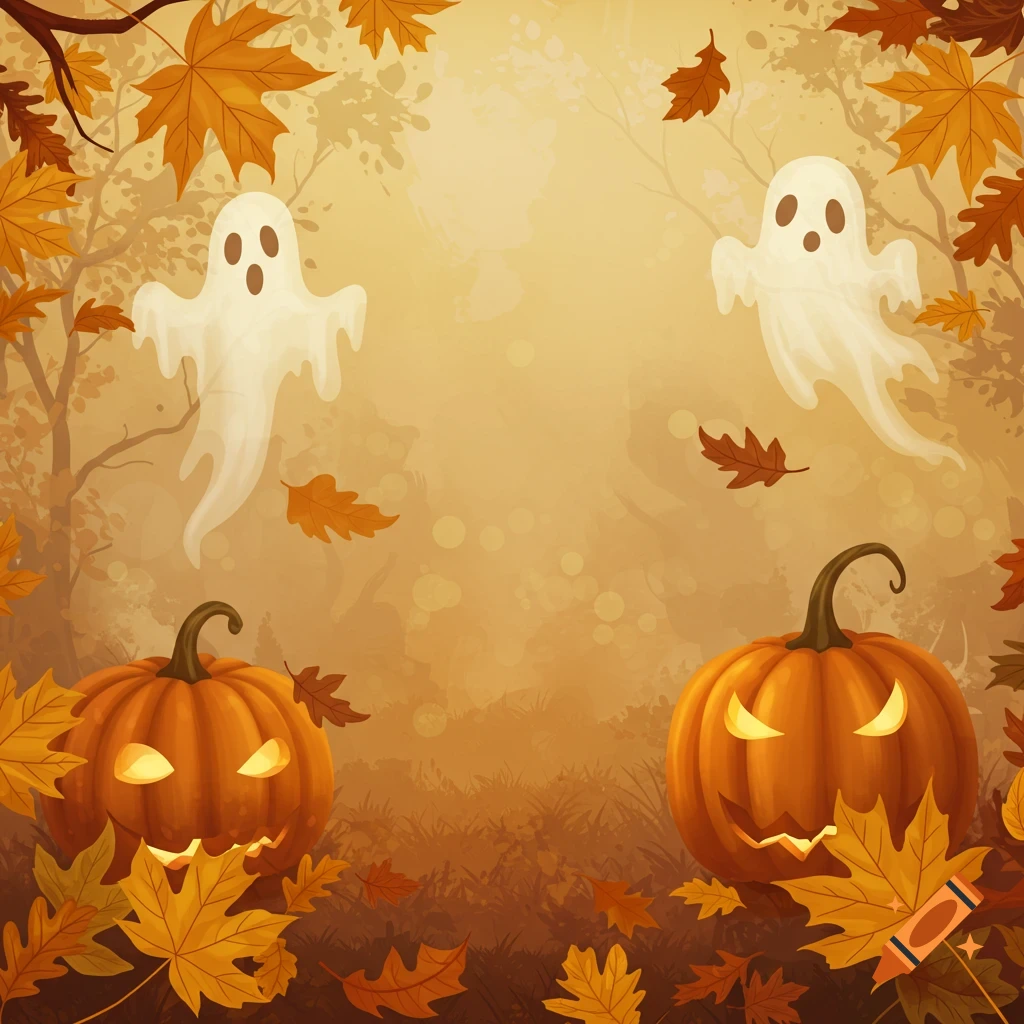 Two ghosts float above two carved jack-o'-lanterns in a forest with autumn leaves, in an illustrative style.