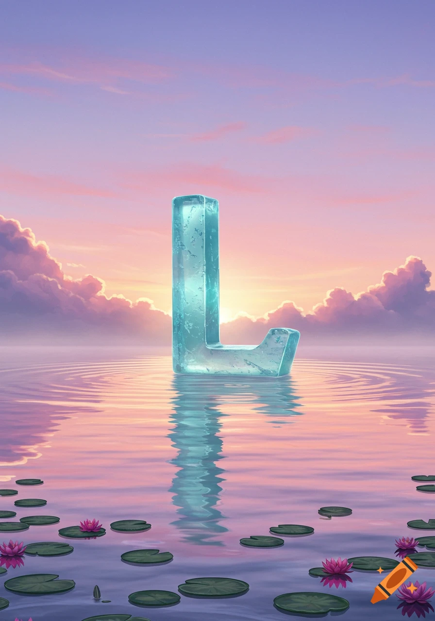A large, glowing light blue ice letter L floats in calm water with pink lotus flowers and green lily pads under a serene pink and purple sunset sky.