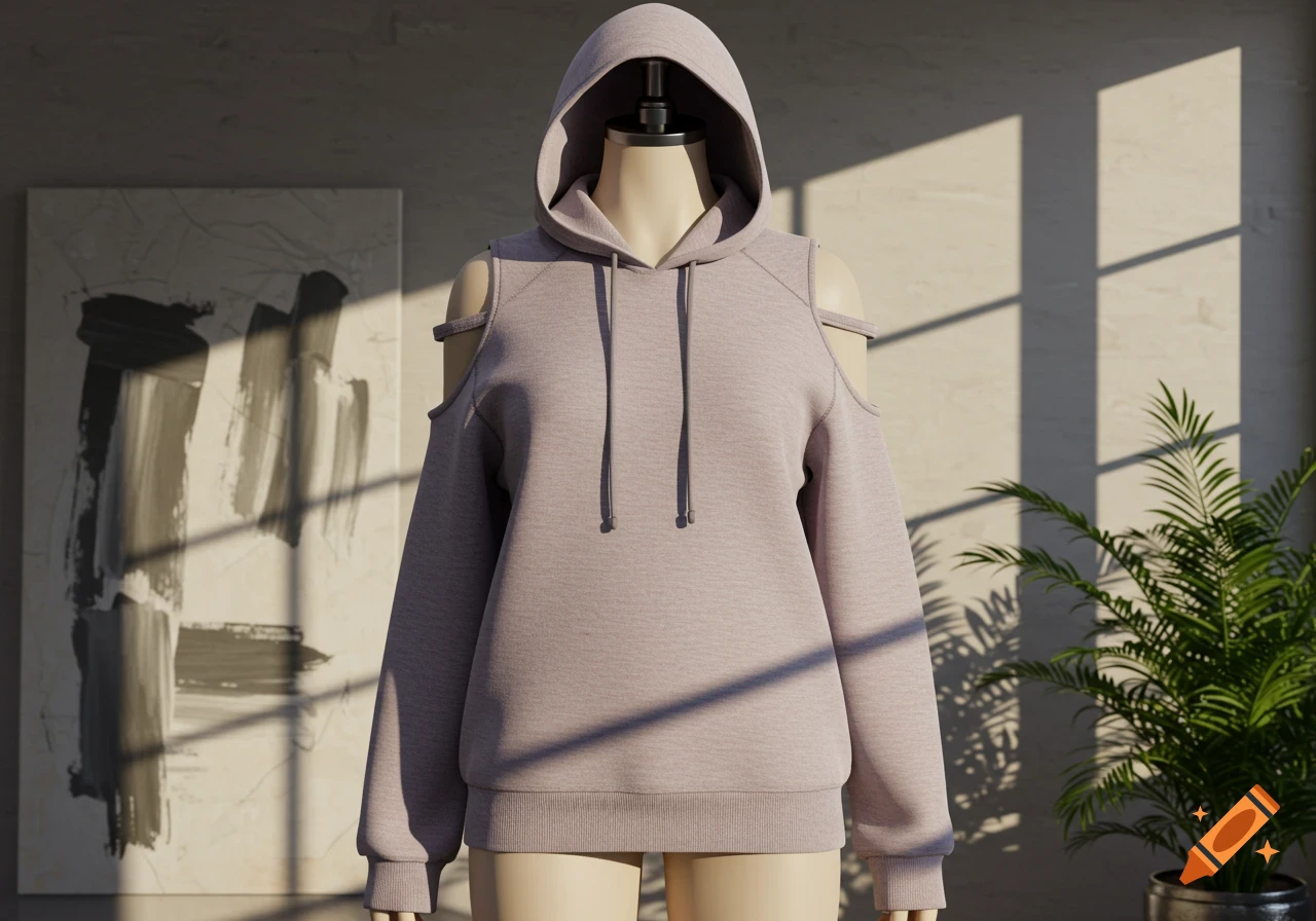 A light pink cold-shoulder hoodie on a mannequin in a sunlit room, with an abstract painting and plant in the background.