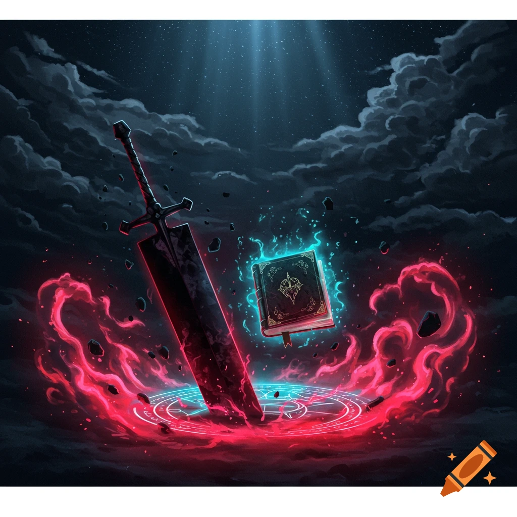 A large black sword is plunged into a vibrant red glowing magic circle, next to a floating blue glowing grimoire, under a dark, starry, cloudy sky.