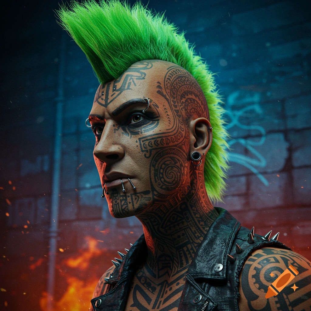 A photorealistic portrait of a punk rocker with a green mohawk, tribal tattoos, and piercings, set against an urban background with fire.