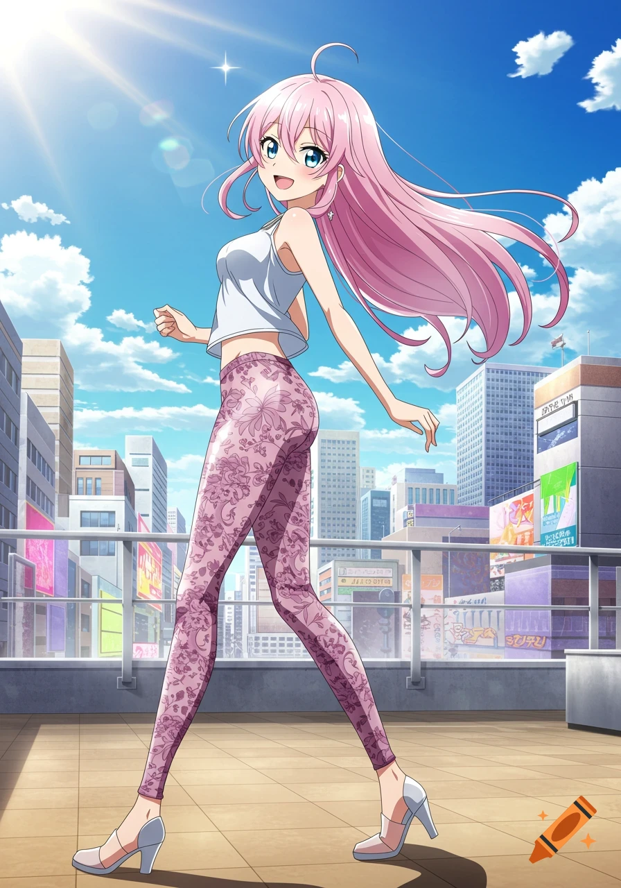 An anime girl with pink hair and blue eyes, wearing a white crop top and pink floral leggings, walks outdoors in a sunny city.