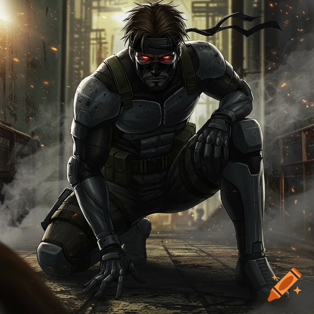 A male anime character with glowing red eyes and tactical gear crouches in a gritty, industrial setting.