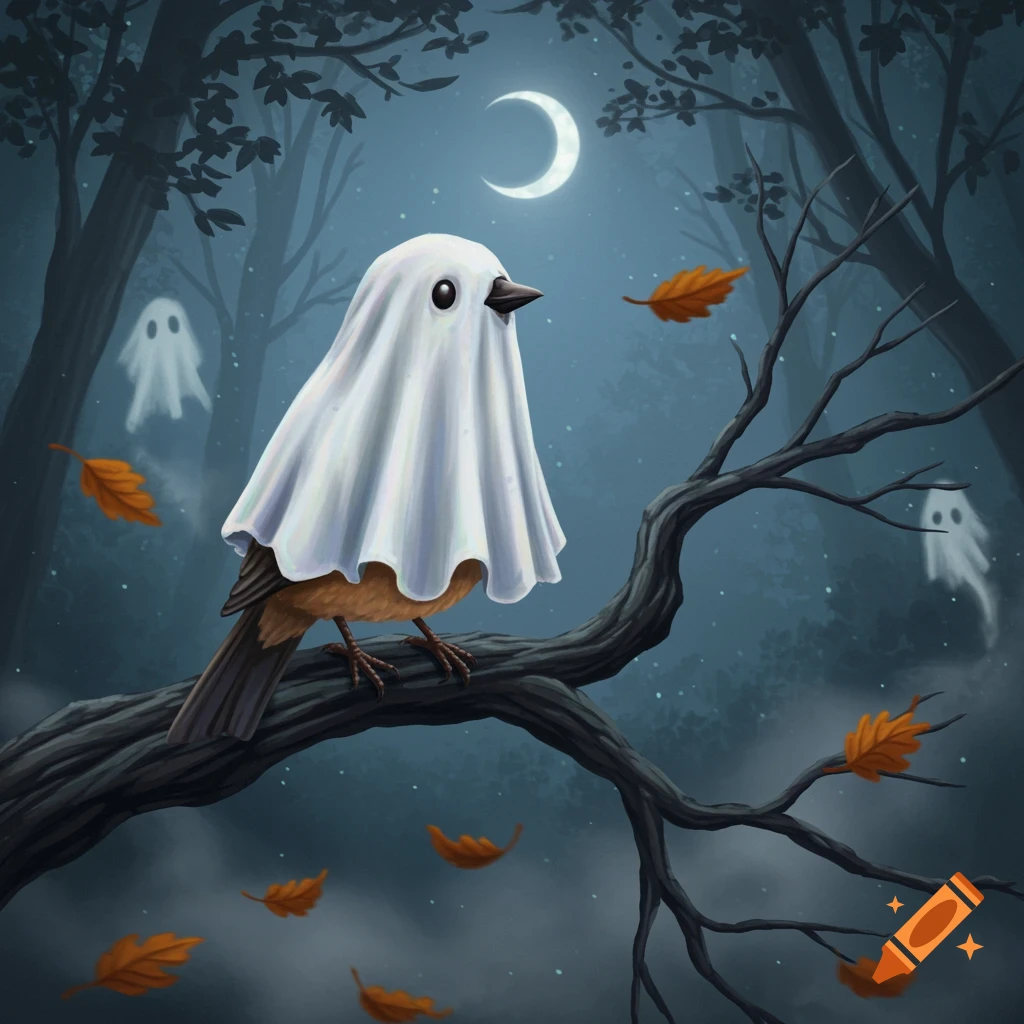 Whimsical illustration of a bird in a white ghost costume sitting on a bare tree branch in a dark forest at night, with a crescent moon, floating ghosts, and falling autumn leaves.