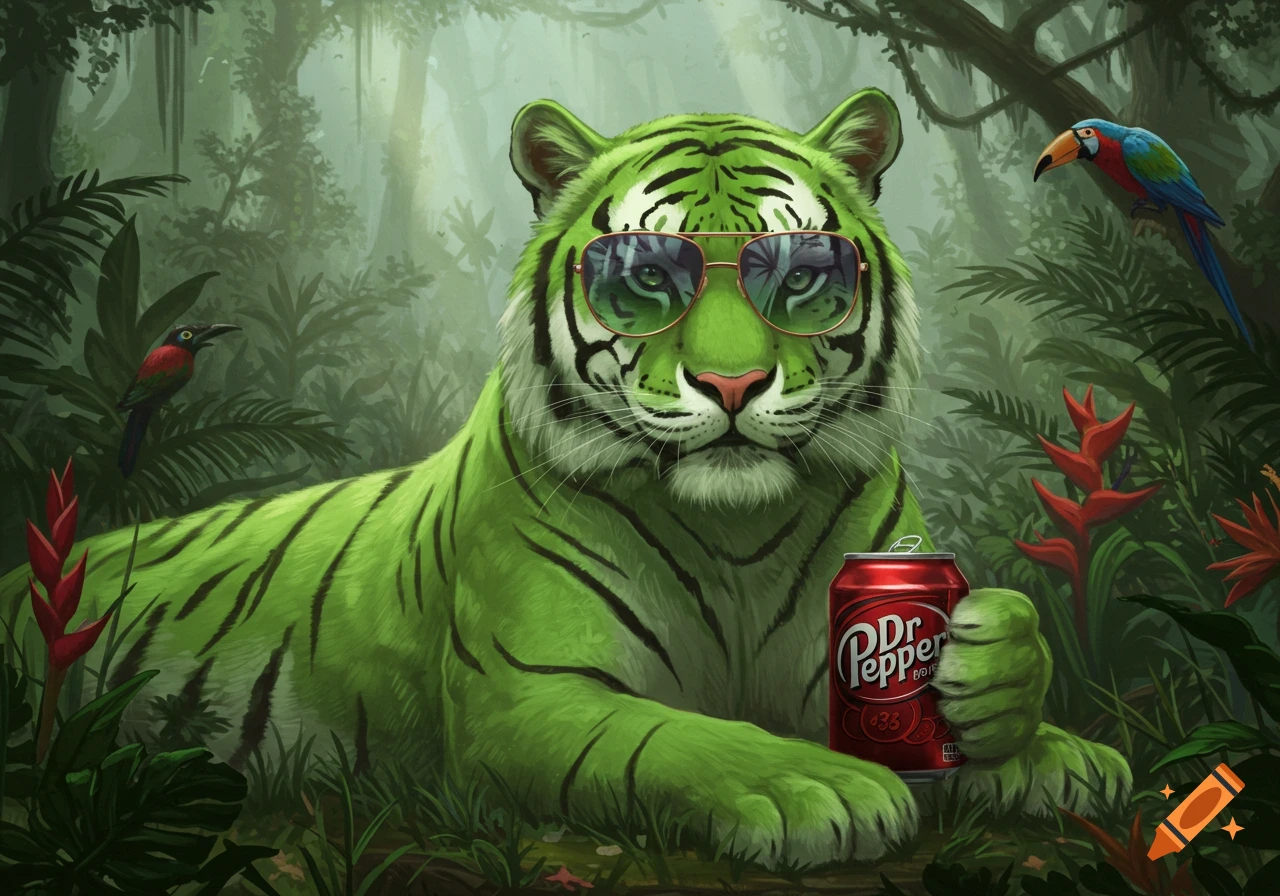 A vibrant green tiger with black stripes and aviator sunglasses lounges in a lush jungle, holding a red Dr. Pepper can. A colorful parrot and a red bird perch nearby among tropical plants.