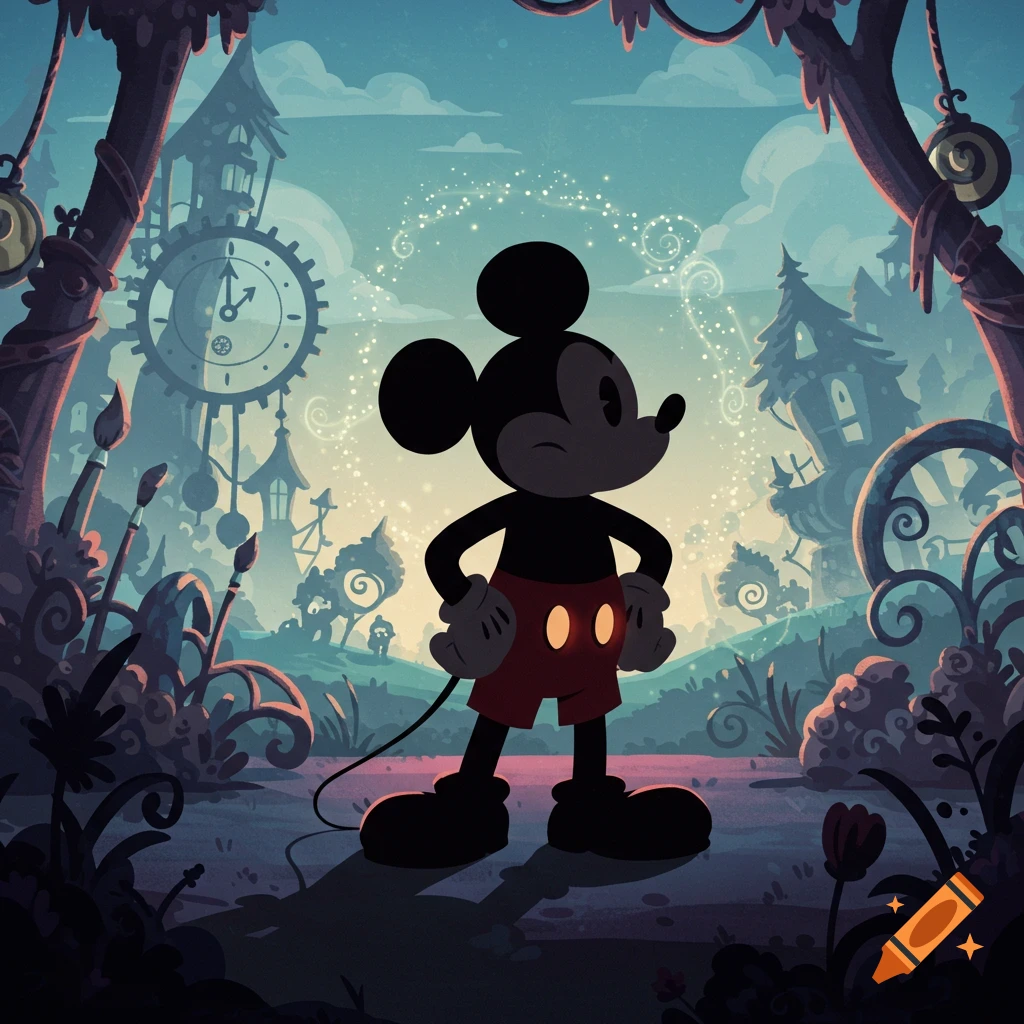 Mickey Mouse stands with hands on hips in a whimsical, dark fantasy landscape with crooked buildings and a large clock.