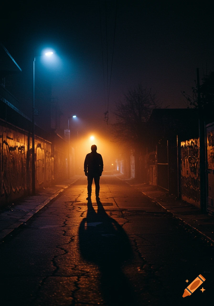 Silhouetted figure stands on a cracked street in a foggy, moody urban alley at night, lit by orange and blue streetlights.